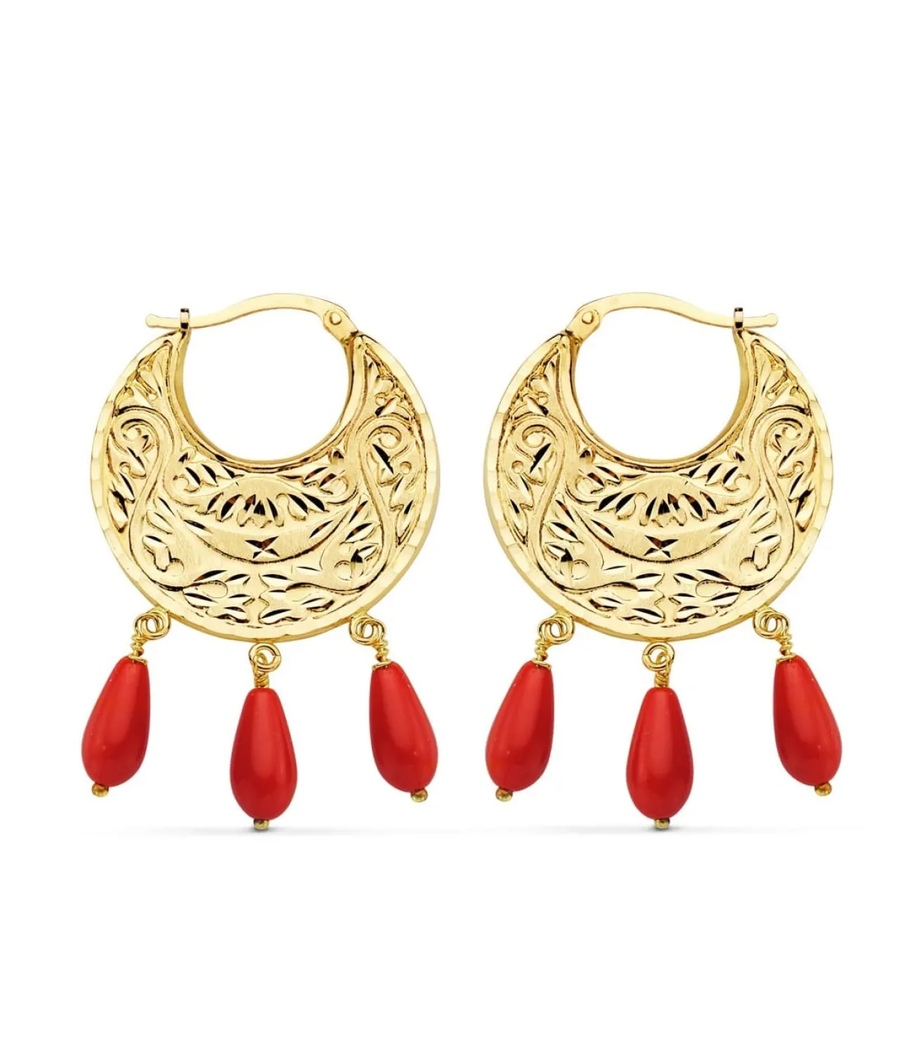 Aros Tallados Coralina Oro Amarillo 18 K 32 Mm<Alda Joyeros Outlet