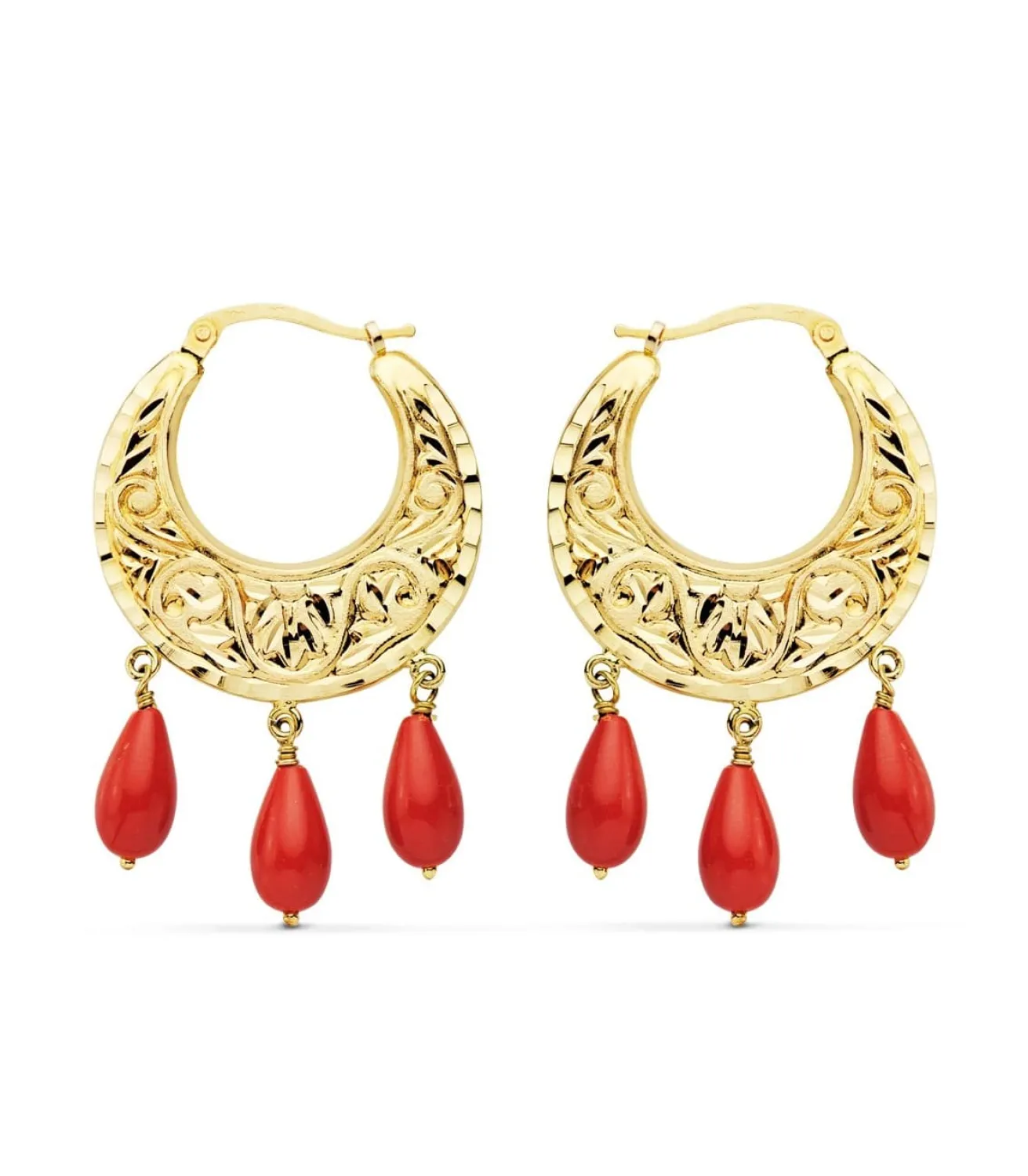Aros Tallados Coralina Oro Amarillo 18 K 25 Mm<Alda Joyeros Best