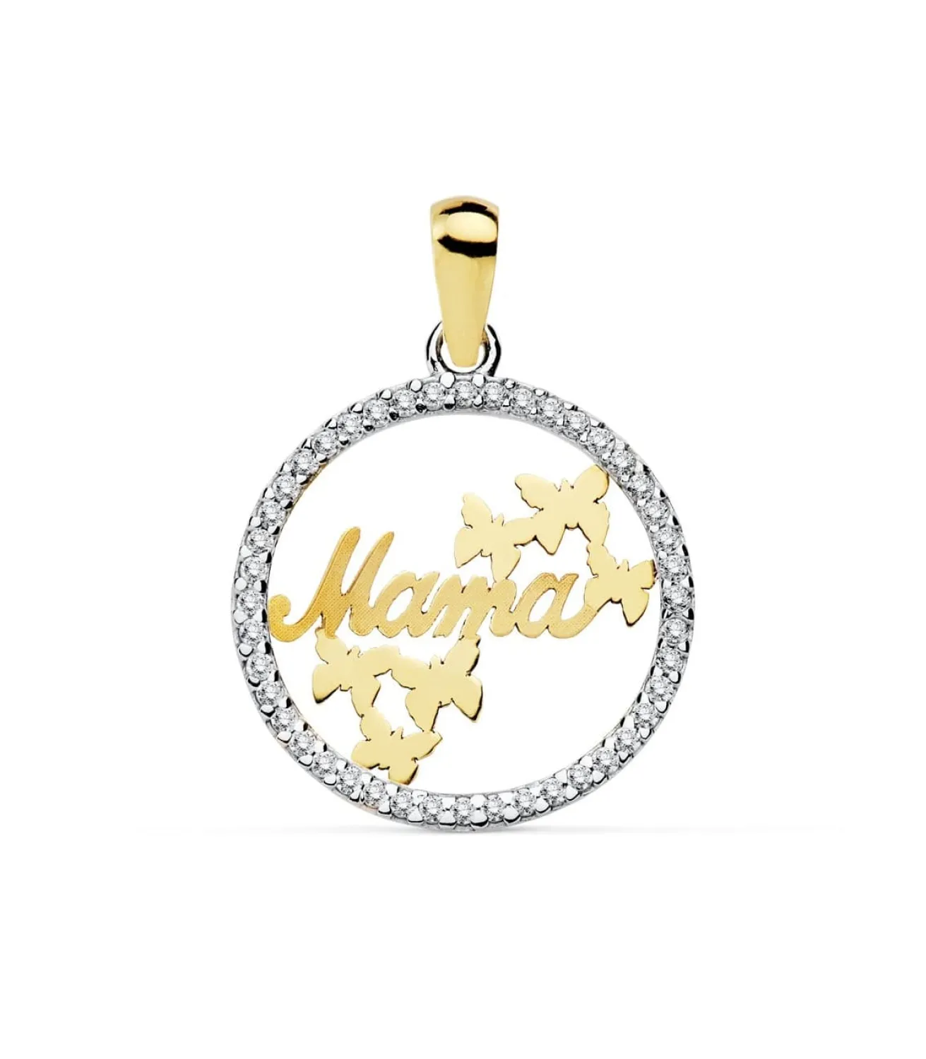 Colgante Mama Oro Bicolor 18K Circonitas Y Mariposas 16Mm<Alda Joyeros Online