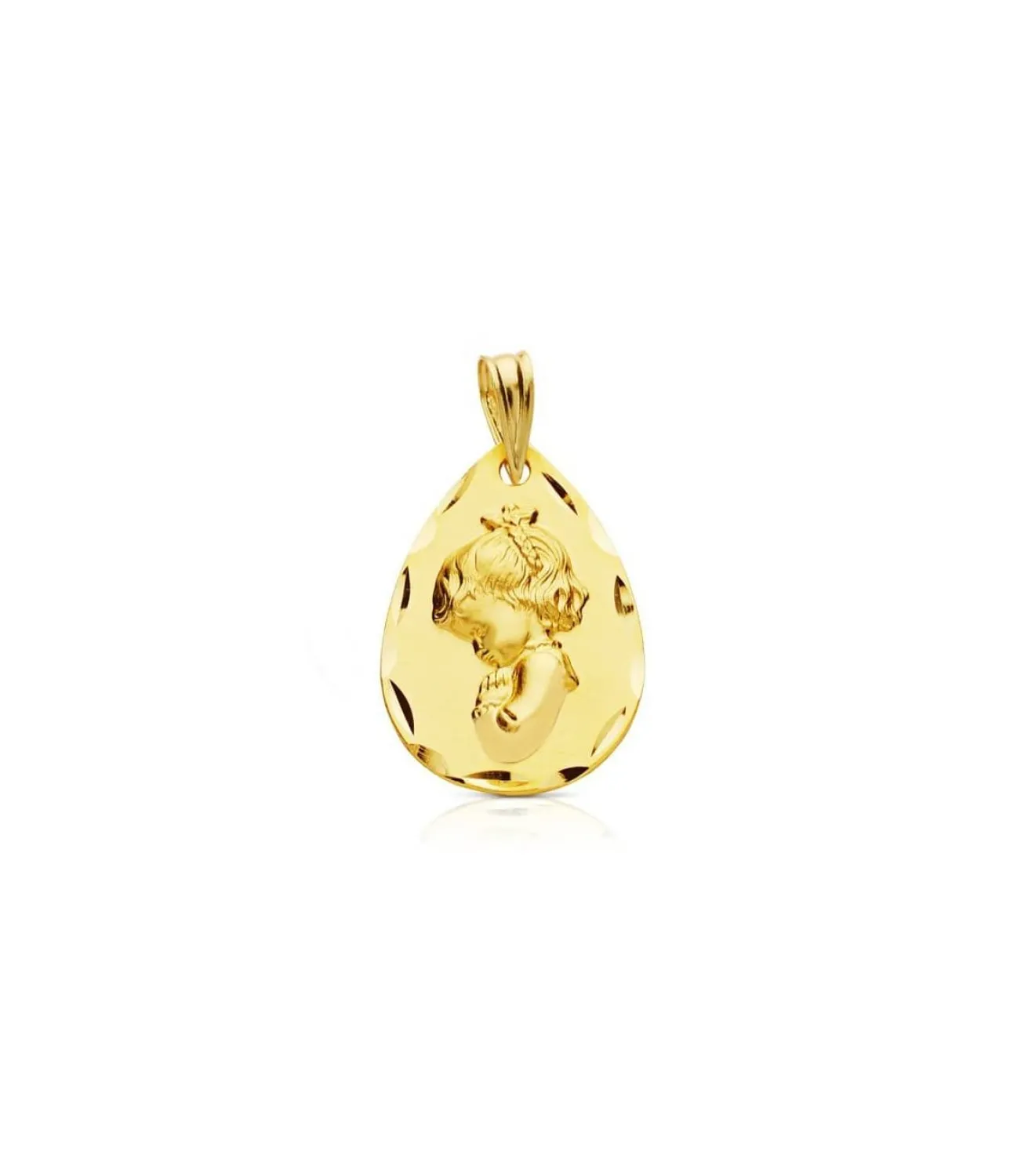 Medalla Virgen Niña Rezo Tallada Lagrima 18Kt<Alda Joyeros New